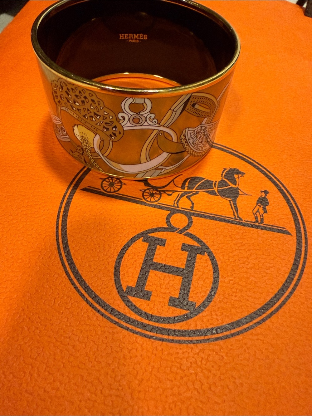Hermes Orange and Gold Printed Enamel Wide Cuff Bracelet